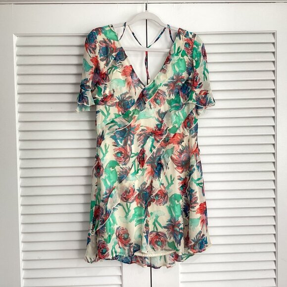 Anthropologie Floral V-Neck Ruffle Mini Dress Sz S Boho Summer Party Outfit Past - Picture 2 of 15
